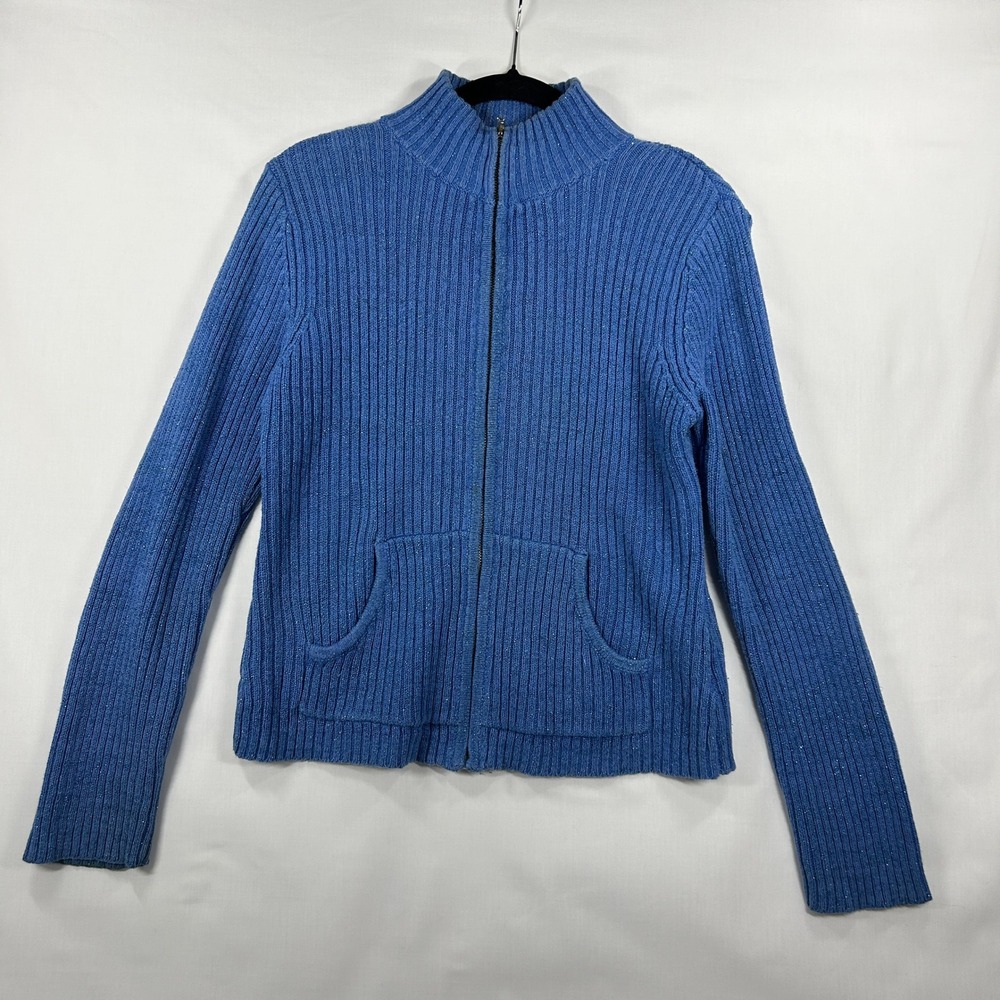 Arizona Jean Co. Blue Metallic Ribbed Zip-Up Cardigan – Y2K Mock Neck Sweater M